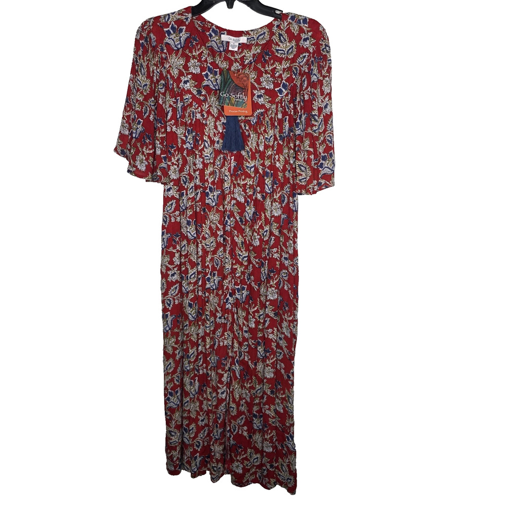 Go Softly S Patio Dress Kaftan Red Handkerchief Print Crinkle Rayon Fabric Zip